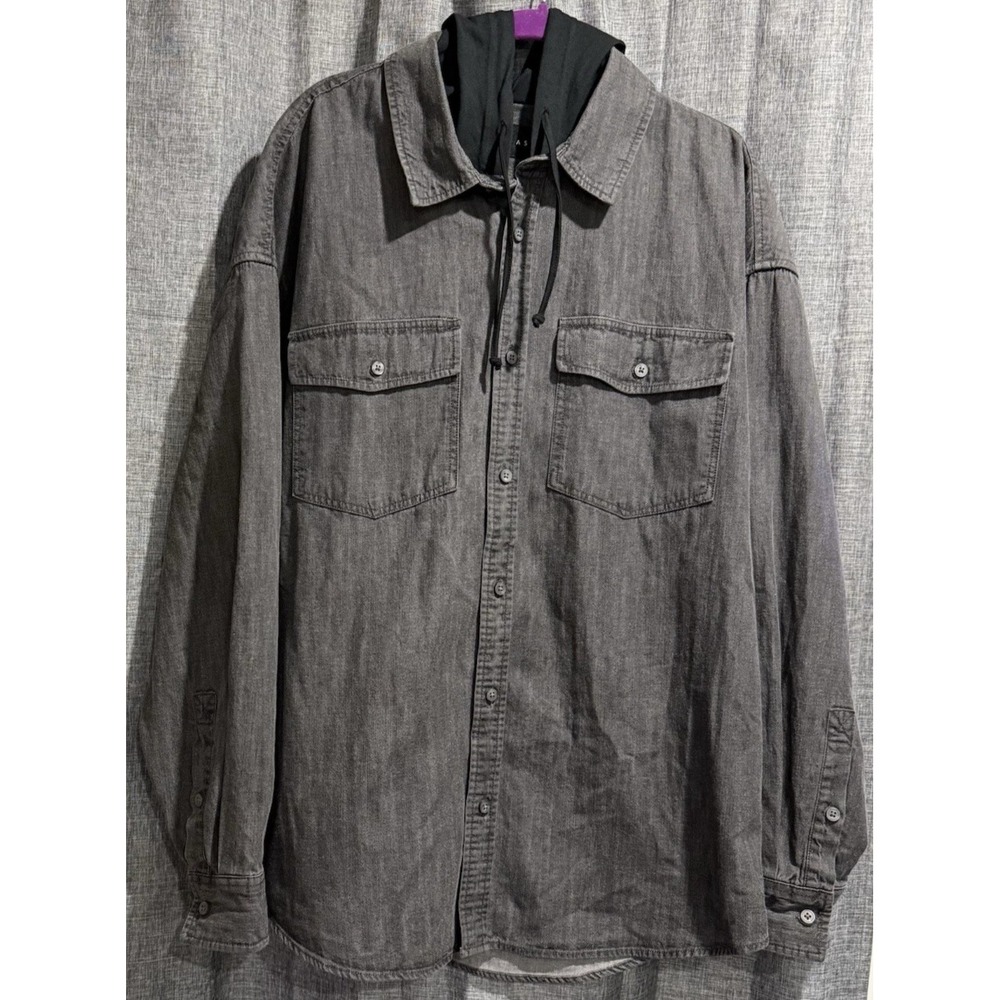 Edgar + Ash Men's hooded Grey denim button down shirt with Black Hood Size‎ Med